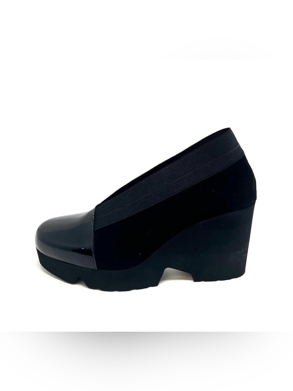 Thierry Rabotin Black Wedge Slip-On Platform w Patent Leather Cap Toe, U.S. 7.5
